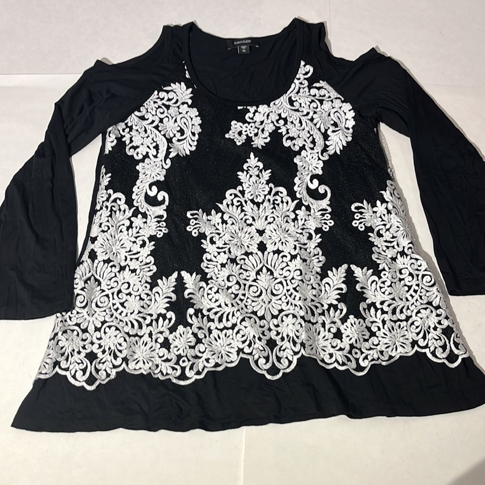 Karen Kane embroidered cold shoulder long sleeve blouse shirt top sz XL black - Picture 2 of 8